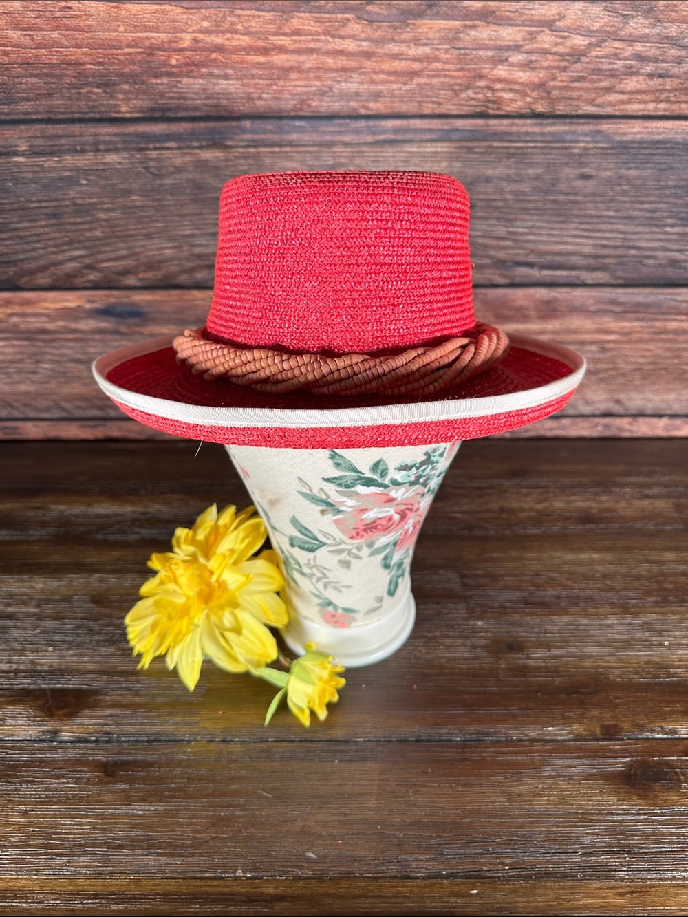Kokin Vintage Red Straw Hat with Coral Beaded Band